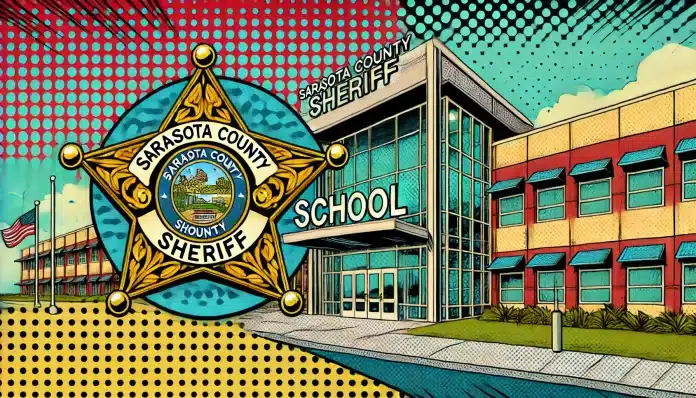 Sarasota County Sheriff badge near school building.