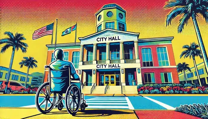 Person in wheelchair approaching city hall entrance