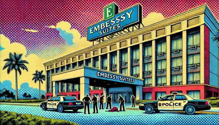 DALL·E 2025-02-09 00.15.52 - A pop art-style illustration of the exterior of the Embassy Suites hotel in Sarasota, Florida, in landscape format. The building is depicted with bold