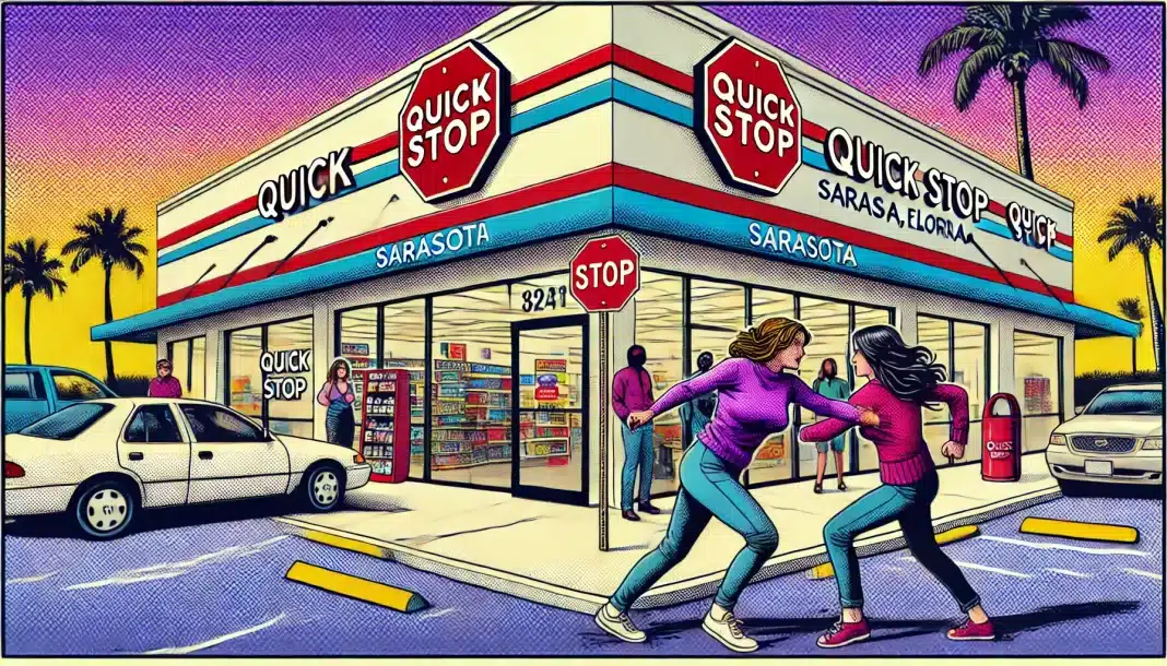 Woman Assaulted Outside Sarasota Quick Stop After Denying Entry to Suspect Cartoon of Quick Stop convenience store, Sarasota, Florida.