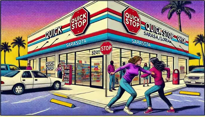 Cartoon of Quick Stop convenience store, Sarasota, Florida.