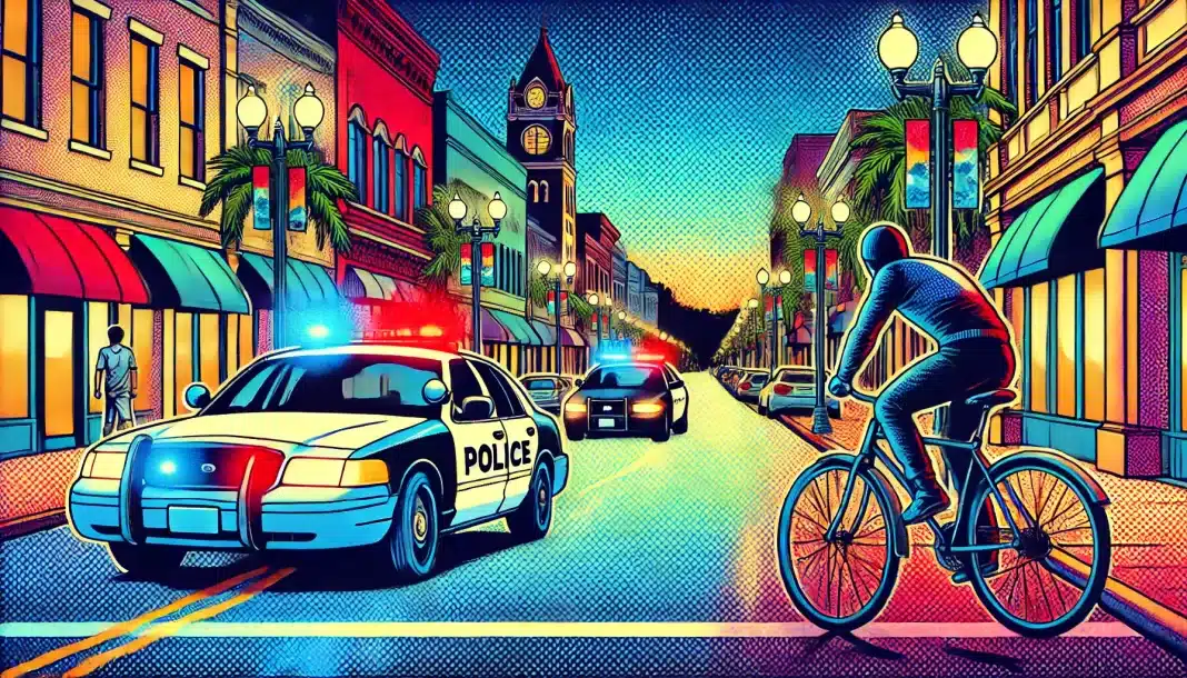 Colorful street scene with cyclist and police cars.