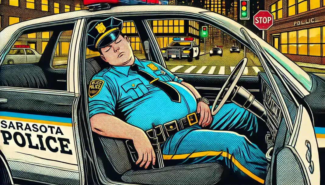Sarasota Officer Clifford Cespedes: 43 IA Investigations Including Sleeping on Duty, Firearm Violations, and Misconduct—Lack of Disciplinary Action Taken Cartoon policeman sleeping in patrol car at intersection.