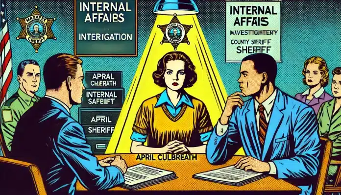 DALL·E 2025-02-09 05.17.07 - A pop art-style illustration in landscape format depicting an Internal Affairs interrogation scene with a mid-sized woman resembling April Culbreath u Cartoon-style police interrogation in progress