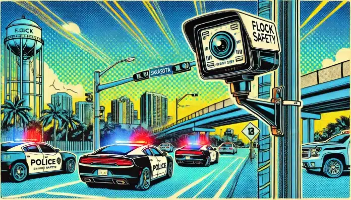DALL·E 2025-02-09 23.50.26 - A pop art-style illustration in landscape format depicting a Flock Safety license plate recognition camera mounted on a street pole in Sarasota. The c Colorful comic-style city scene with police cars.