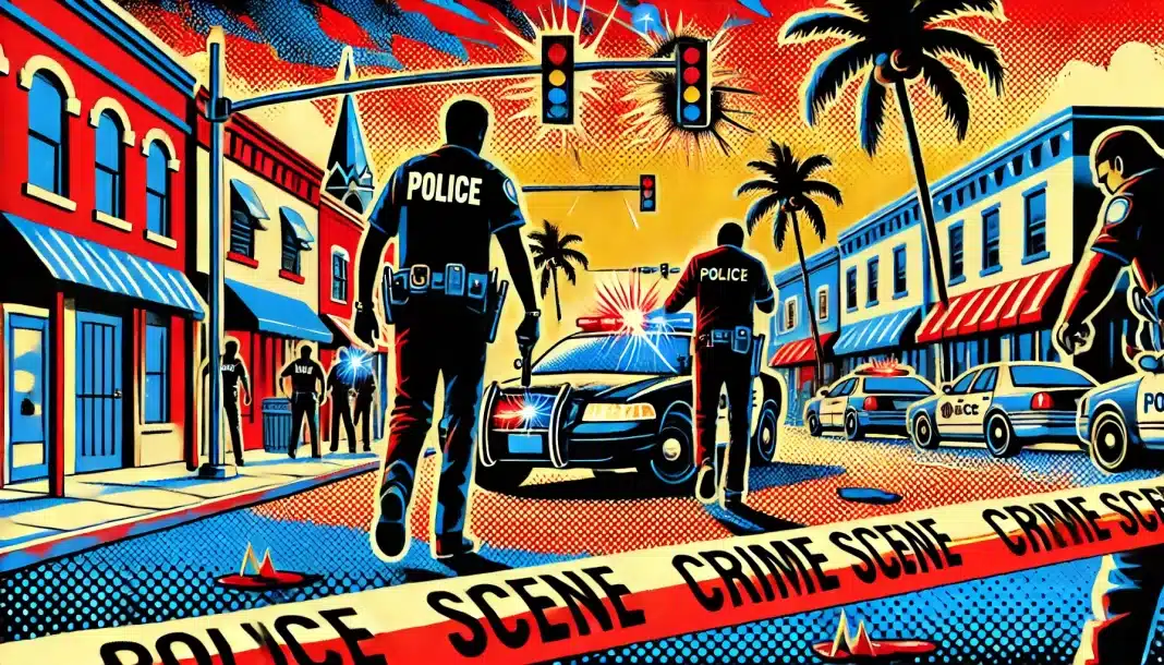 Gunfire, Drugs, and Child Neglect: Sarasota Police Arrest Three in Violent Incident Involving Another Battie Family Member Colorful police scene illustration downtown